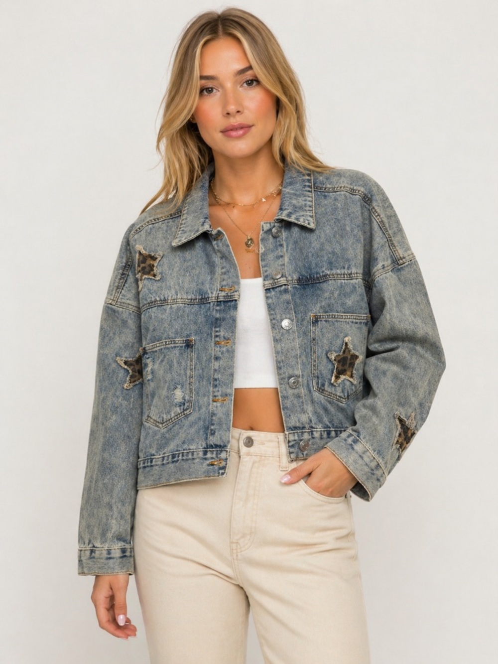 POL- Faded Blue Denim Jacket with Star Patches